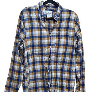 Hollister Stretch Plaid Button‑Up Mens L Slim Fit Blue White Yellow‎